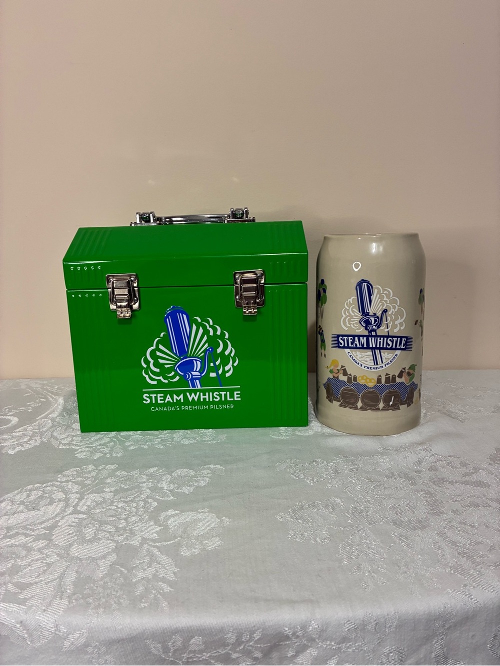 Steam Whistle Green Logo Metal Lunchbox and Beer Ceramic Stein